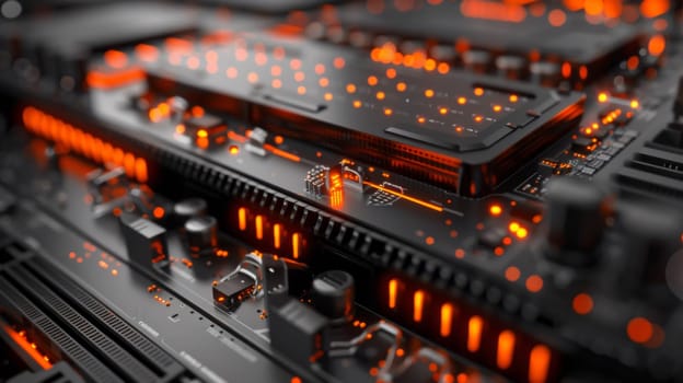 A close up of a computer motherboard with orange lights