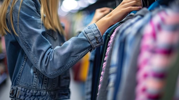 A woman in a denim jacket looking at clothes on the rack