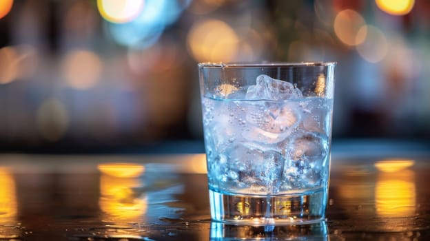 A glass of water with ice on a table in front of blurry lights