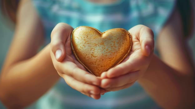A girl holding a heart shaped gold coin in her hands