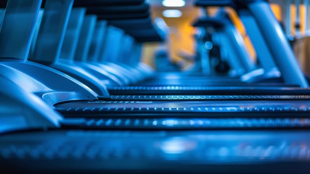 A row of treadmills in a gym with blue lights