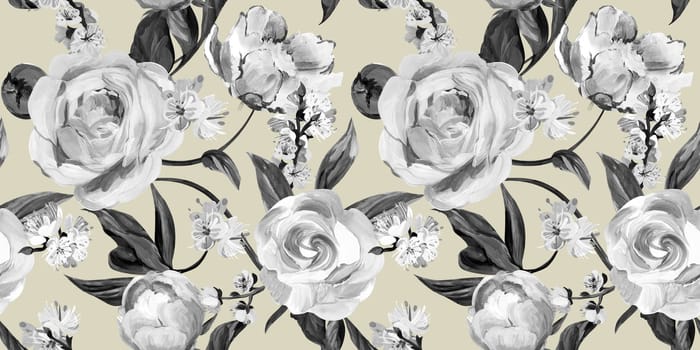 Botanical seamless pattern with peonies and sakura branches drawn in gouache for textile and design