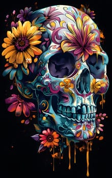 a colorful sugar skull with flowers on it on a black background . High quality
