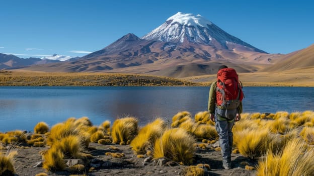 A man with a backpack standing near water and mountains