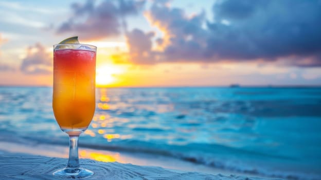 A glass of a drink sitting on the beach next to water