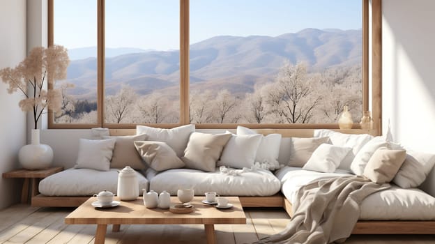 A tranquil corner with plush sofas, warm blankets, and a rustic wooden table set against a backdrop of snowy mountains seen through large panoramic windows - Generative AI