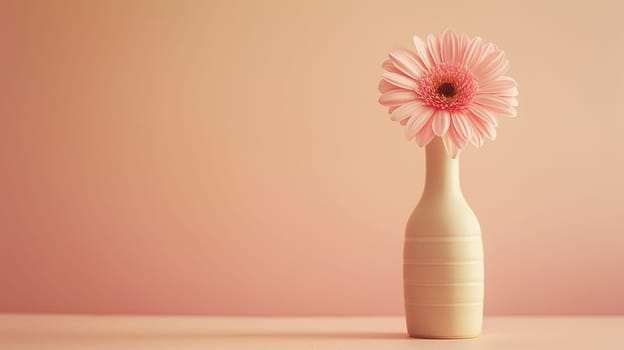 A single pink Gerbera daisy stands elegantly in a slender white vase on a soft pastel pink surface with a matching background, conveying a sense of simplicity and calm - Generative AI