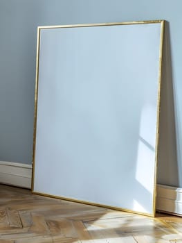 A rectangle whiteboard with a gold picture frame is placed on a wooden hardwood floor, showcasing a perfect blend of art and office supplies