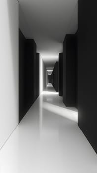 A monochrome hallway in a building with grey flooring, wood fixtures, and a light at the end. The room is illuminated with tints and shades, creating a dramatic atmosphere