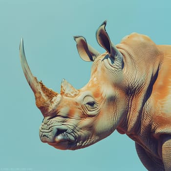Close up of a rhinos head and horn against a vibrant blue sky, showcasing the unique features of this terrestrial animals jaw, snout, and powerful gesture