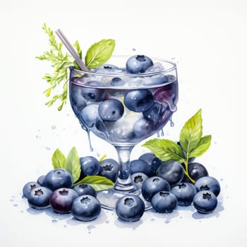 Cocktail Day with Blueberry and Mint Leaves. Hand Drawn Coctail Day with Berries Sketch on White Background.