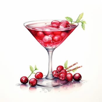 Cocktail Day with Cranberry and Mint Leaves. Hand Drawn Coctail Day Sketch on White Background.