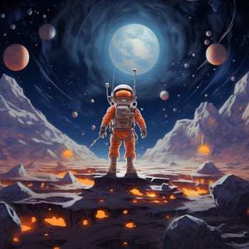 Astronaut in Space Suit Standing on an Unknown Planet Looking at the Galaxy. High Tech Concept of New Planet Colonization and Space Travel.