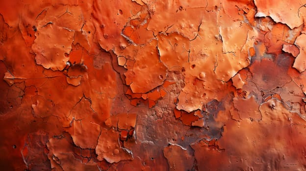 A closeup shot of a brick red wall with art paint peeling off, revealing layers of brown, orange, and amber colors in a textured pattern resembling wood or bedrock