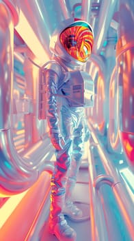 An astronaut in an electric blue space suit is standing in a tunnel, surrounded by graffiti art in vibrant shades of magenta and paint. Its a fun and unique recreation event