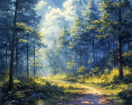 Acrylic painting of a serene forest, transformed into a beautiful digital illustration.