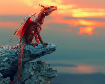 Dragon perched atop a craggy cliff at sunset, digitally created image with stunning colors and dramatic silhouette.
