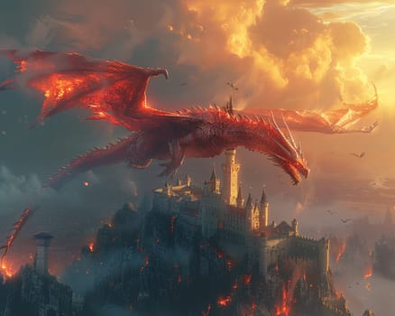 Dragon soaring above a medieval castle, digitally created image with dynamic fire effects and detailed scales.
