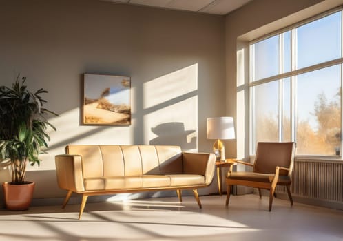 Beige office waiting room interior. Living room features furniture including couch and chairs, with painting on wall. A houseplant adds touch of nature to interior design