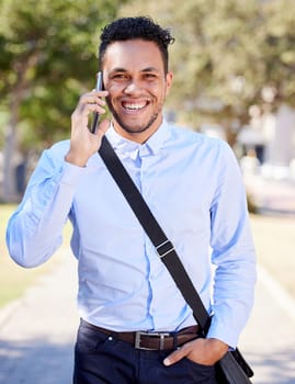 Cellphone, portrait and man in city with phone call for business networking and commute to corporate company. Businessman or entrepreneur, happy and smartphone for communication and professional
