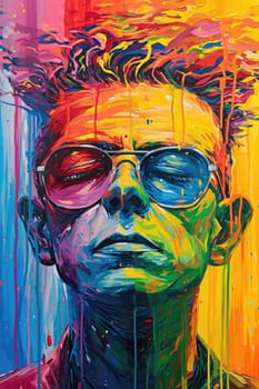 The comic colourful picture of the short hair male adult human head and has been wearing sunglasses with straight face yet picture fill with various colour that make picture fill with emotion. AIGX01.