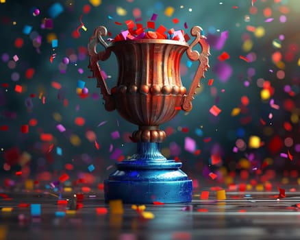 Sport championship trophy being lifted, illustration in 3D style with realistic textures and celebratory confetti.