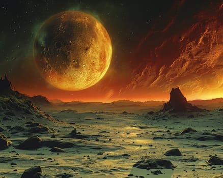 Textured surface of an alien planet, illustrated with rich colors and 3D style effects.