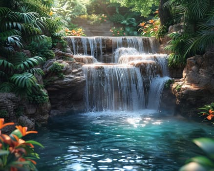 Waterfall oasis digitally created in Photoshop, featuring serene water flows surrounded by lush vegetation.