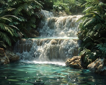 Waterfall oasis digitally created in Photoshop, featuring serene water flows surrounded by lush vegetation.