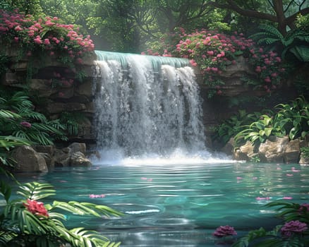 Waterfall oasis digitally created in Photoshop, featuring serene water flows surrounded by lush vegetation.