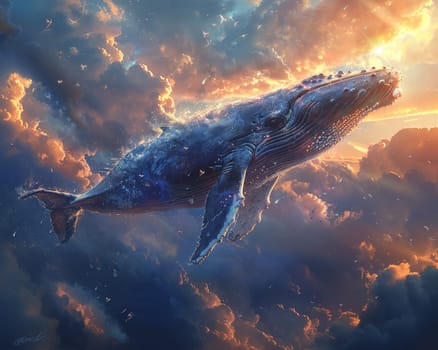 Whale soaring through a cloud-filled sky, reimagining nature in a fantastical illustration.