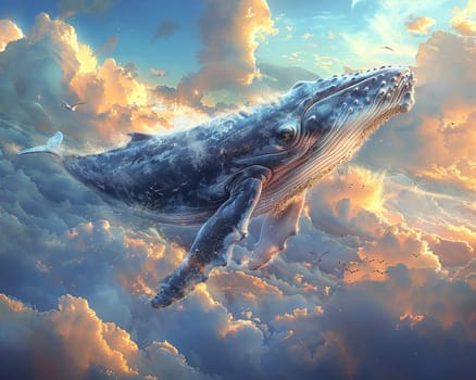 Whale soaring through a cloud-filled sky, reimagining nature in a fantastical illustration.