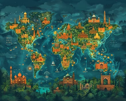 World map in a unique digital art style, creatively highlighting different cultures and landmarks.
