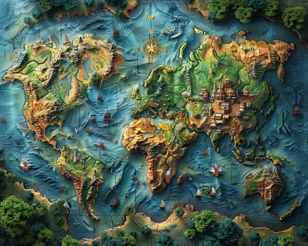 World map in a unique digital art style, creatively highlighting different cultures and landmarks.