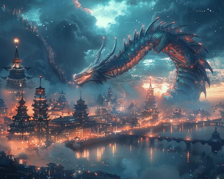 Fantasy combining dragons and technology in a mesmerizing cityscape