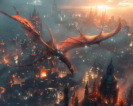 Fantasy combining dragons and technology in a mesmerizing cityscape