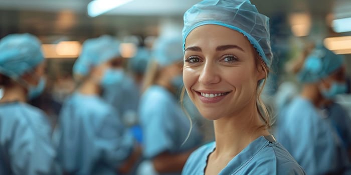 The female surgeon is happily smiling in an electric blue cap in the operating room with a group of surgeons, adding fun to the event