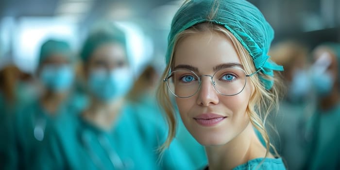 A female surgeon wearing electric blue surgical cap and glasses is smiling at the camera, showcasing her stylish eyewear and jewellery