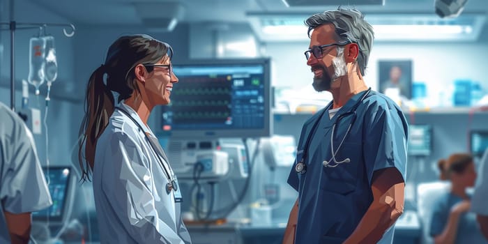 The man and woman are both wearing electric blue sleeves and stylish eyewear in the hospital room, exchanging gestures during a fun fashion design event