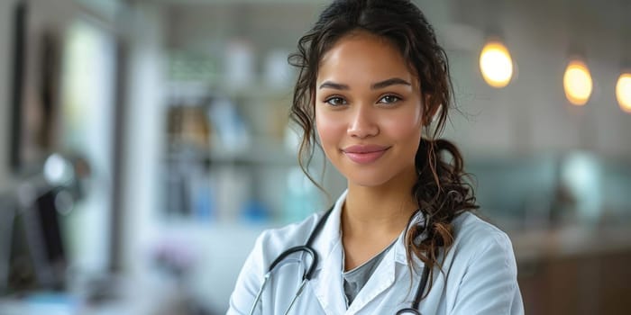 A happy female doctor with long black hair, a stethoscope around her neck, is flashing a smile for the camera, showcasing her defined lip, chin, eyebrow, eye, and eyelash features