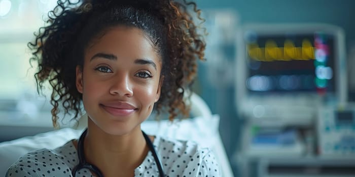 A female doctor with black hair and a Jheri curl is smiling happily in a hospital room. Her stethoscope is around her neck, and her forehead, nose, eyebrows, temples, and ears are visible