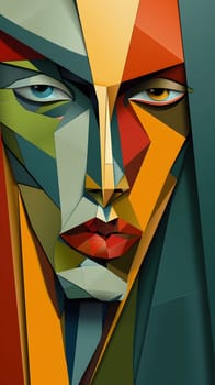 A vibrant geometric painting featuring a womans face with bold colors depicting her hair, nose, cheek, chin, eyebrows, eyes, and mouth. The art paint brings out the beauty of the painting