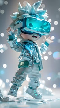 A fictional character wearing an electric blue virtual reality helmet. The helmet showcases futuristic art and the character makes gestures while immersed in a virtual event