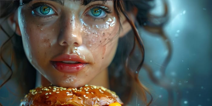 A woman with green eyes and black hair is holding a hamburger in front of her face, showcasing her nose, cheek, lips, and mouth with a food craving smile. Her eyelashes and iris stand out