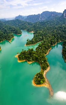 Aerial view of Khao Sok national park, in Cheow lan lake, Surat Thani, Thailand, south east asia