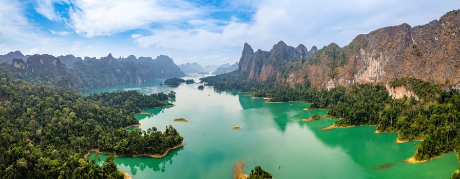 Aerial view of Khao Sok national park, in Cheow lan lake, Surat Thani, Thailand, south east asia