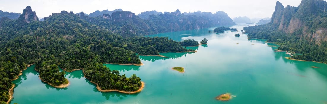 Aerial view of Khao Sok national park, in Cheow lan lake, Surat Thani, Thailand, south east asia