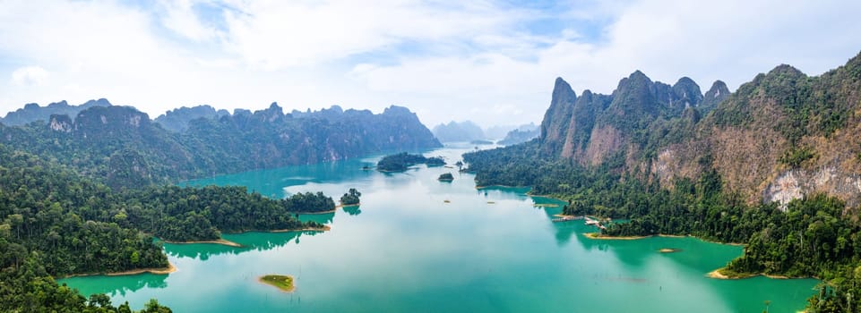 Aerial view of Khao Sok national park, in Cheow lan lake, Surat Thani, Thailand, south east asia