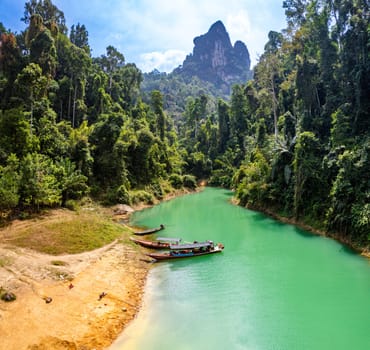 Aerial view of Khao Sok national park, in Cheow lan lake, Surat Thani, Thailand, south east asia