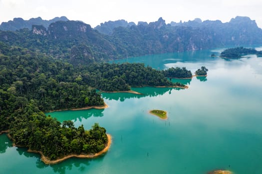 Aerial view of Khao Sok national park, in Cheow lan lake, Surat Thani, Thailand, south east asia